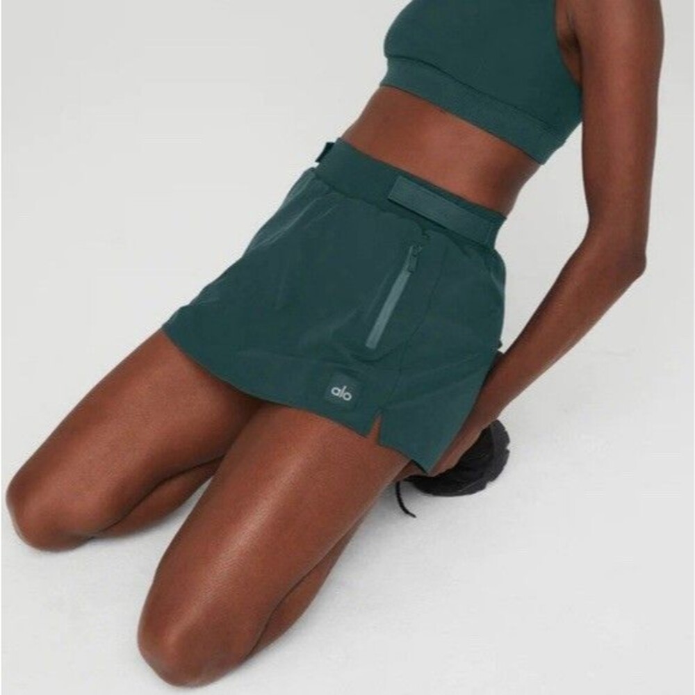 Alo High-Waist Elevation Fleece Lined Mini Skirt, Midnight Green, Size XS New